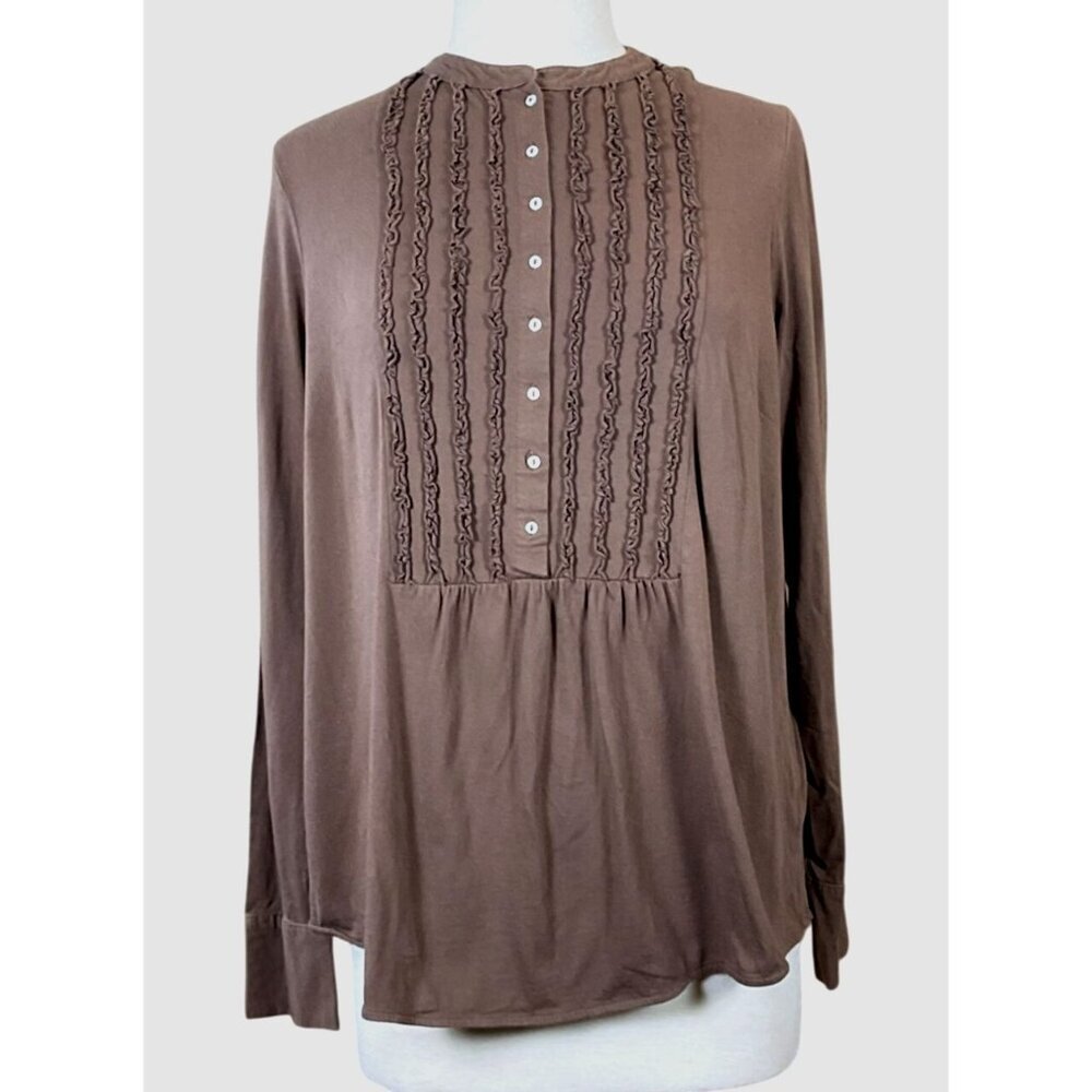 Boden Brown Cotton Long Sleeve Ruffled Bib Front Knit Pullover VTG Size 18